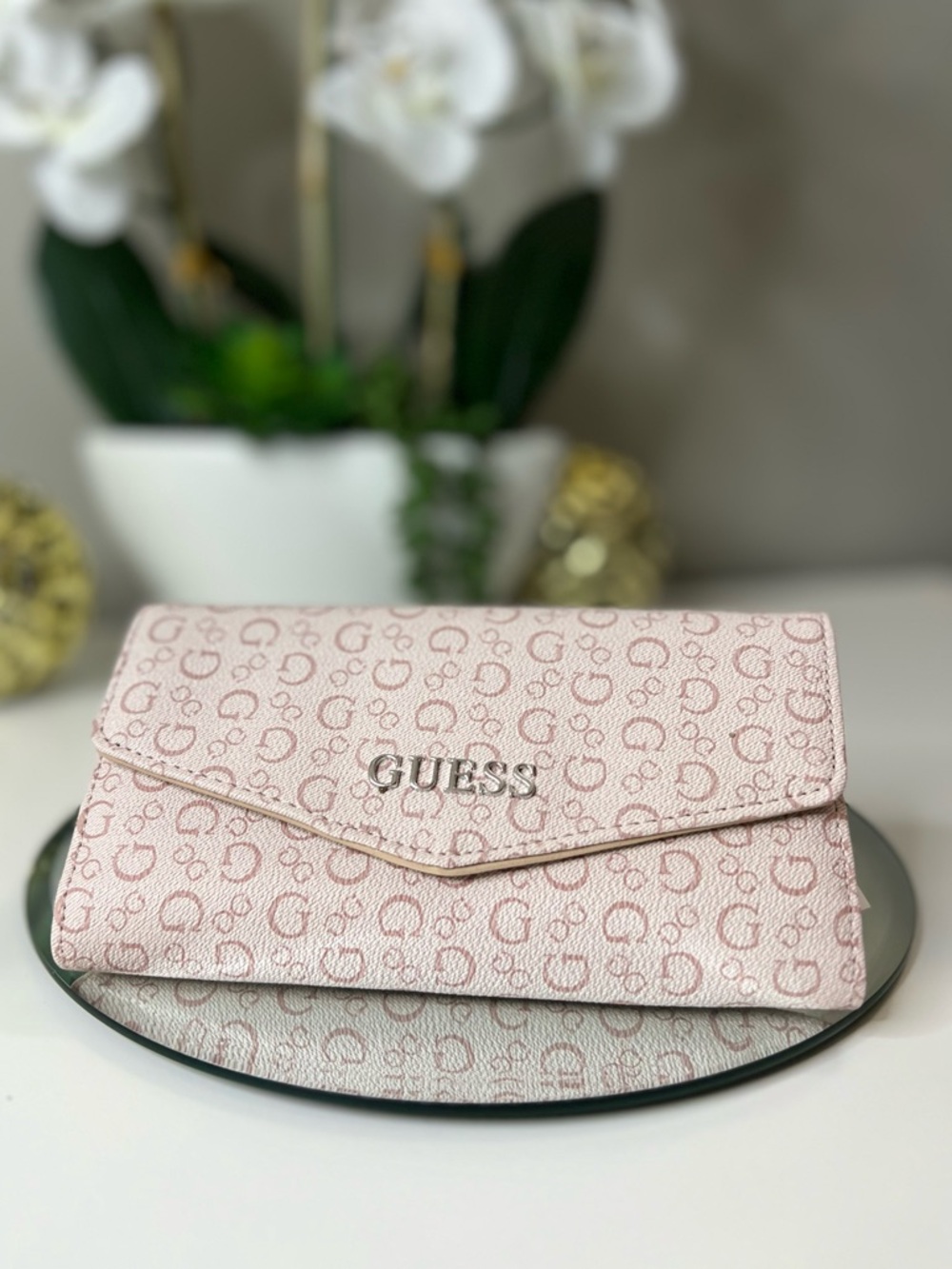Guess Granby Light Rose Signature Envelope Wallet with Silver Logo